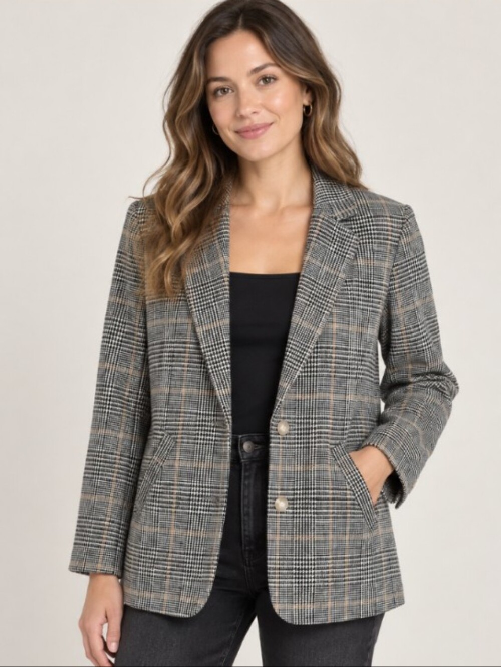 American Eagle Womens Small Plaid Blazer Black Tan Wool Blend Preppy Jacket